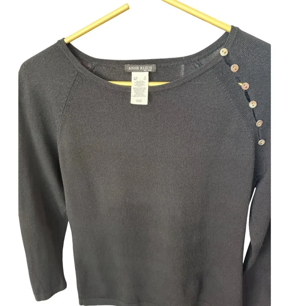Anne Klein Black Button Shoulder Sweater S Pearlized Shell Button Raglan Knit
